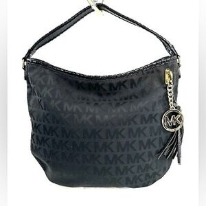 Pre-Love Michael Kors Black Logo Jacquard Shoulder Bag Purse Woven Strap Charm